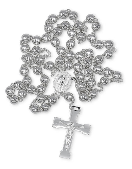Traditional Silver Rosary Necklace Five Decade Catholic Prayer Beads 10mm