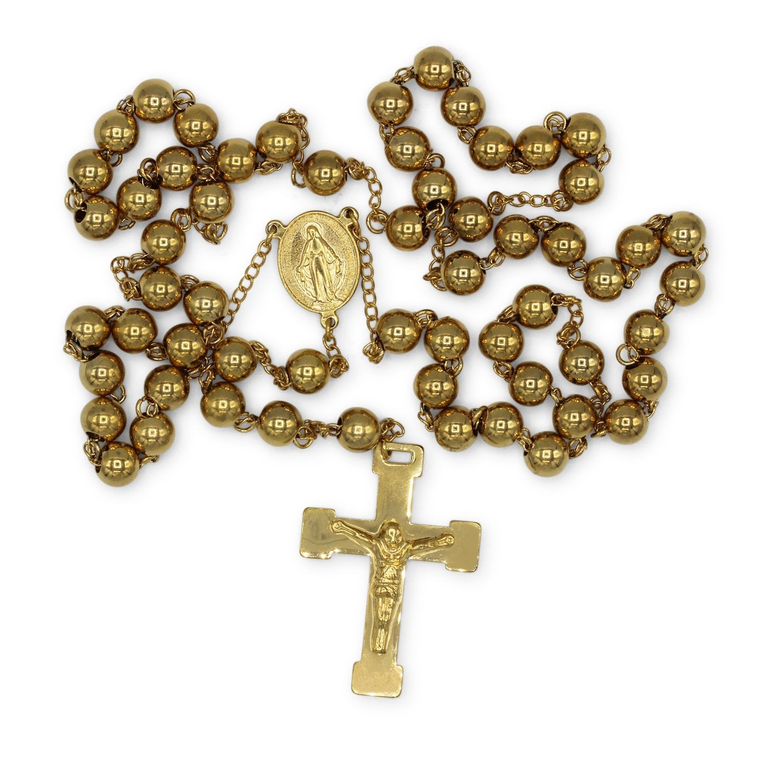 Traditional Gold Rosary Necklace Five Decade Catholic Prayer Beads 8mm