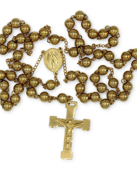 Traditional Gold Rosary Necklace Five Decade Catholic Prayer Beads 8mm