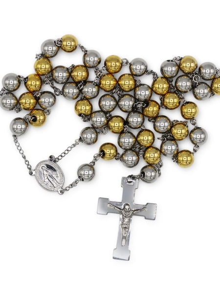 Traditional Rosary Necklace Five Decade Silver Gold Catholic Prayer Beads 10 mm