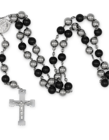 Traditional Rosary Necklace Five Decade Silver Black Catholic Prayer Beads 10 mm