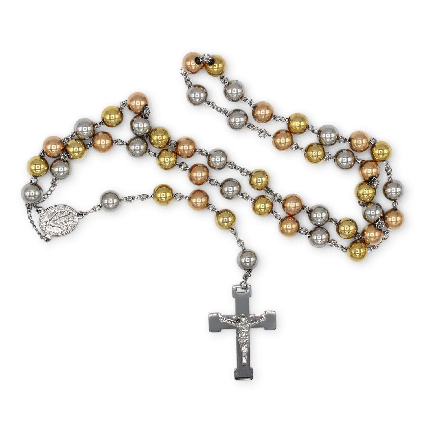Traditional Tri Tone Rosary Necklace Five Decade Catholic Prayer Beads 10 mm