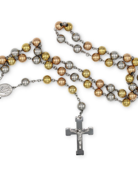 Traditional Tri Tone Rosary Necklace Five Decade Catholic Prayer Beads 10 mm