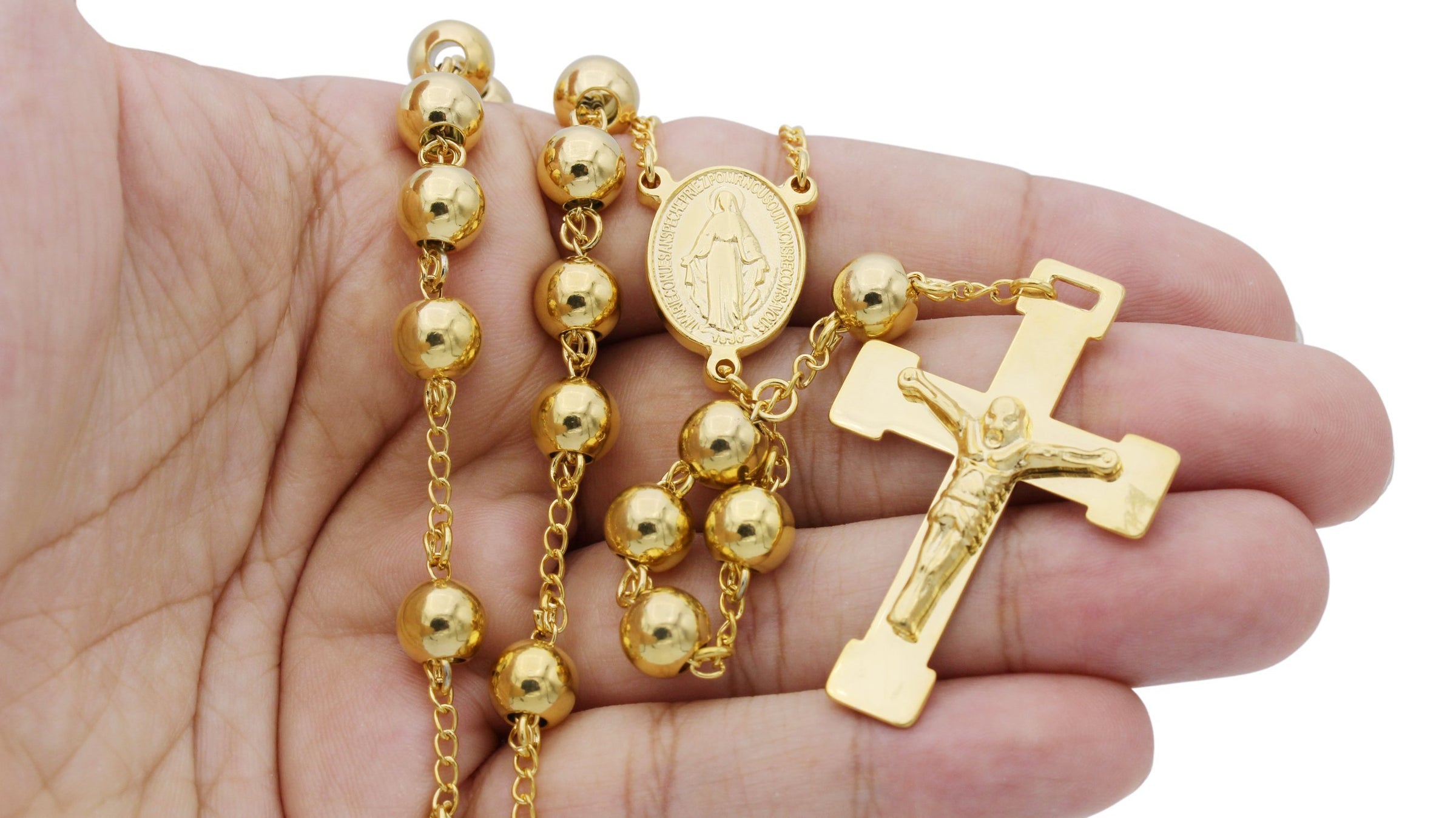 Traditional Gold Rosary Necklace Five Decade Catholic Prayer Beads 8mm