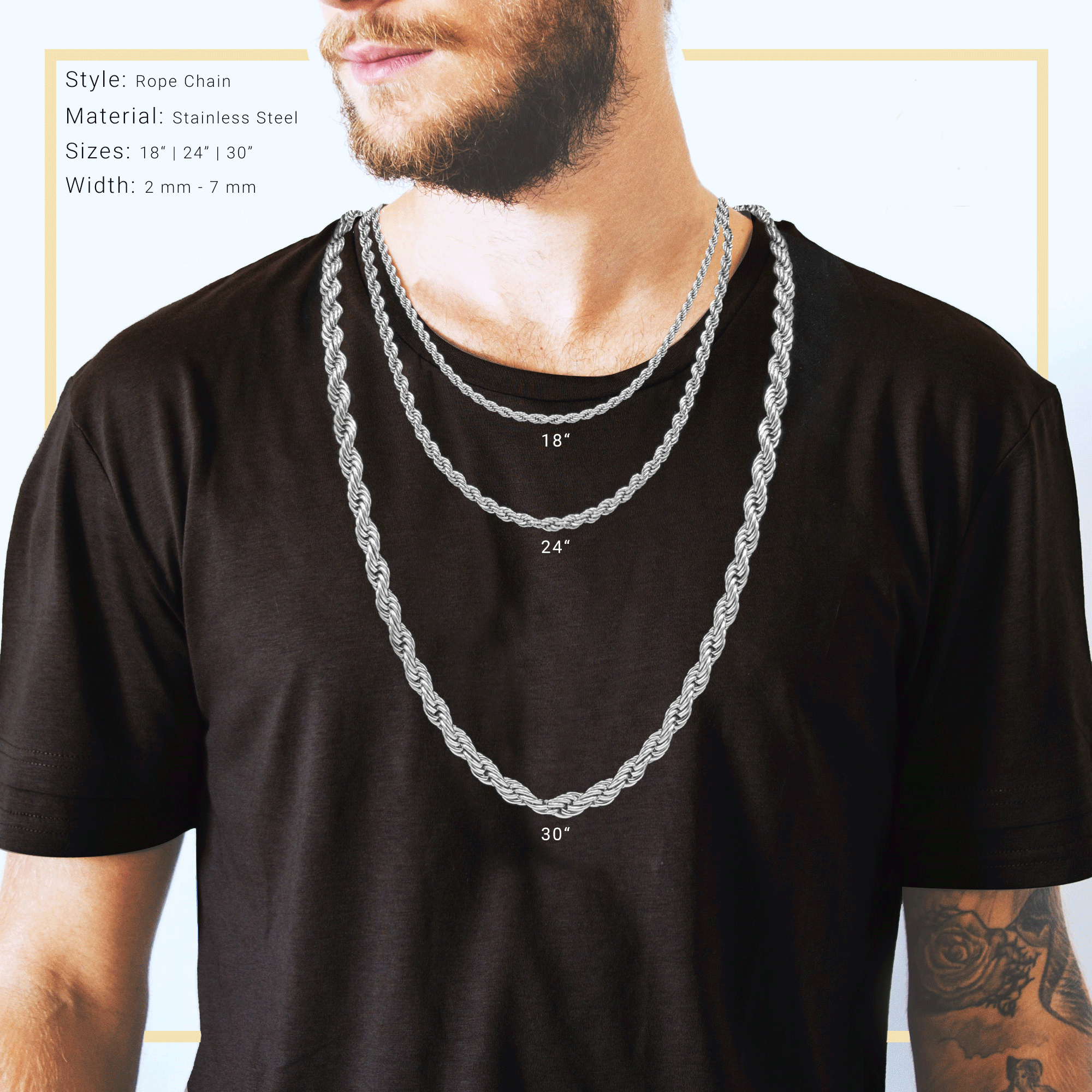 Silver Rope Chain Twisted Link Necklace for Men 18" 20" 24" 30" Length | 2 mm - 7 mm Width