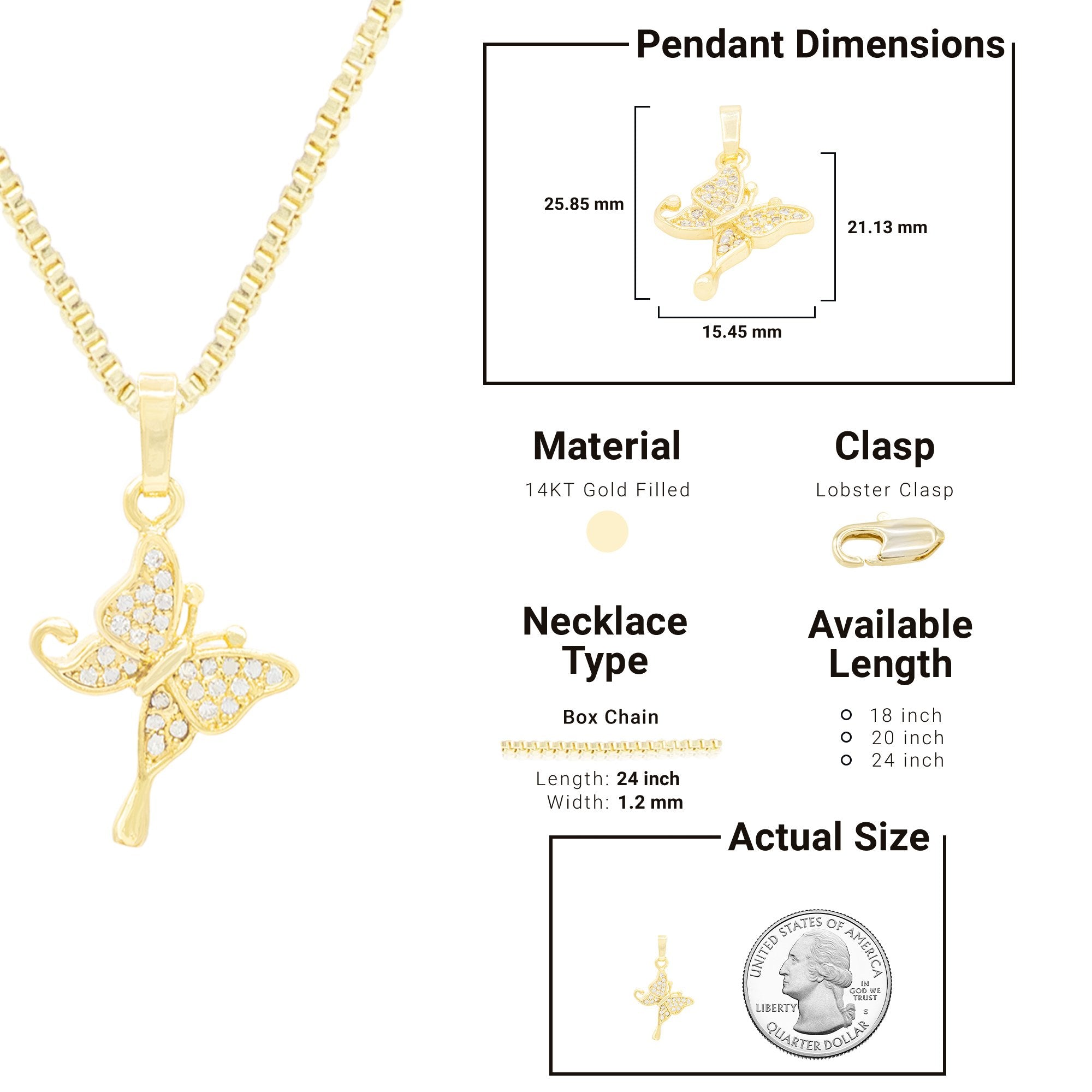 Hanging Butterfly Cubic Zirconia Pendant With Necklace Set 14K Gold Filled