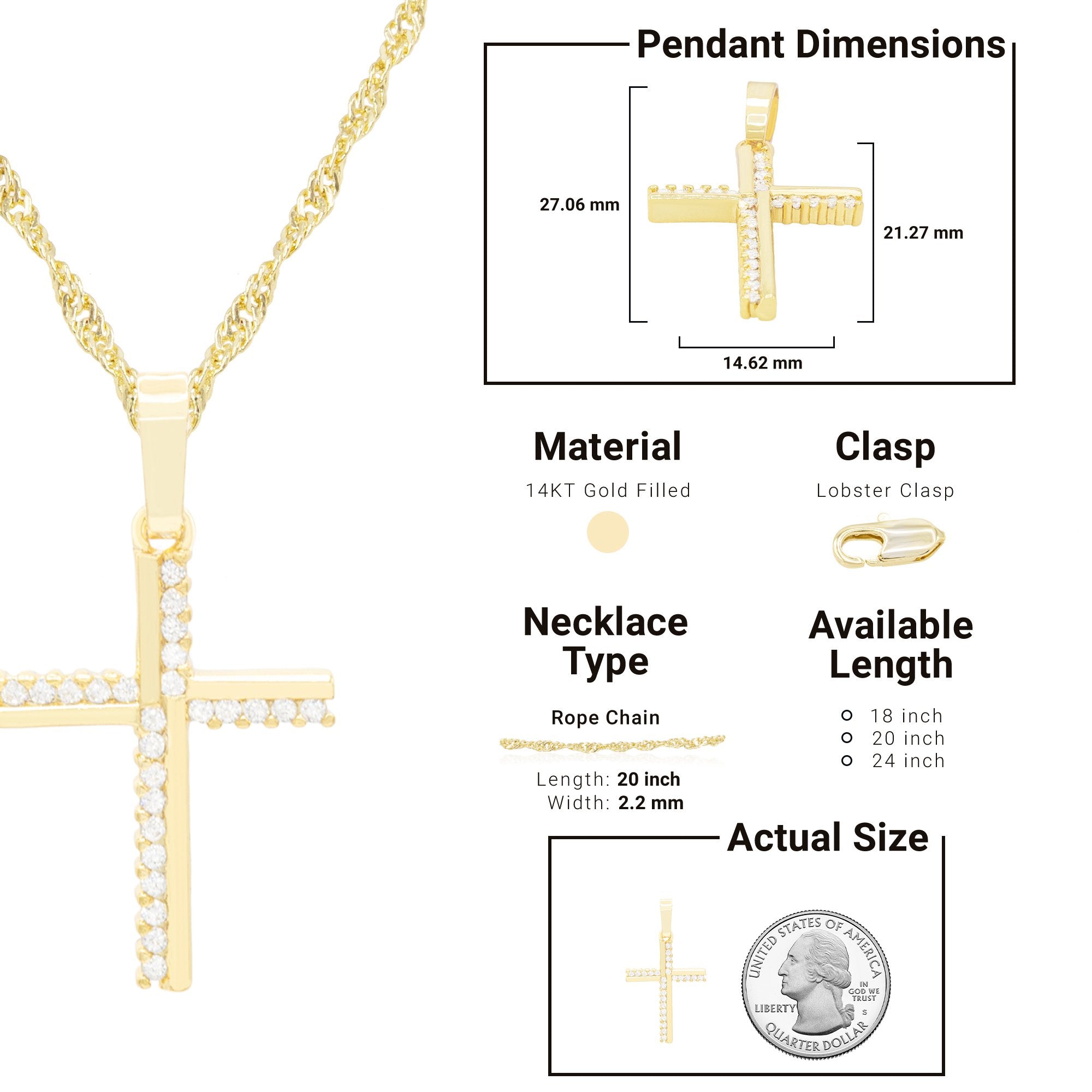 Elegant Cross Cubic Zirconia Pendant With Necklace Set 14K Gold Filled