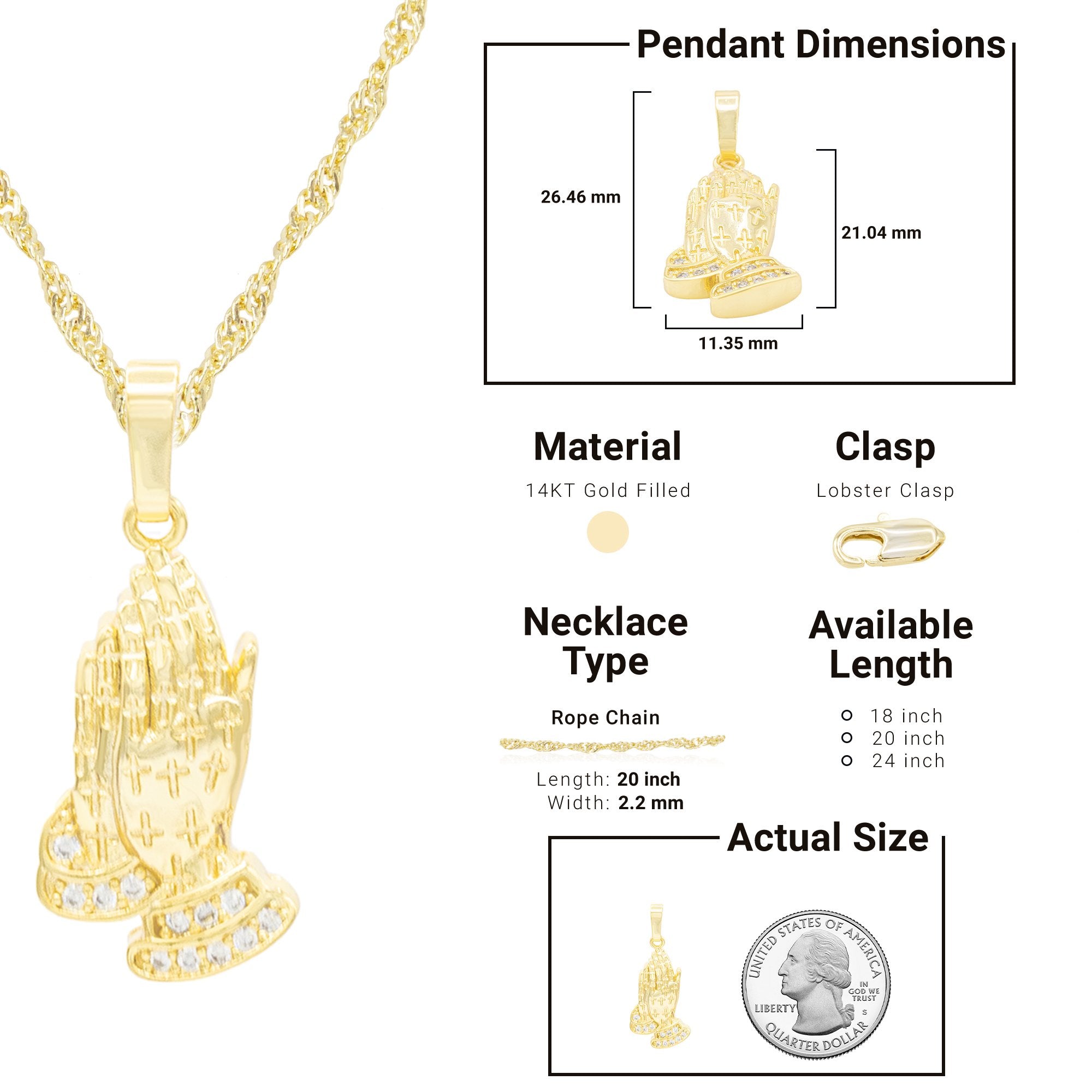 Cubic Zirconia Praying Hands Pendant 14K Gold Filled Necklace Set