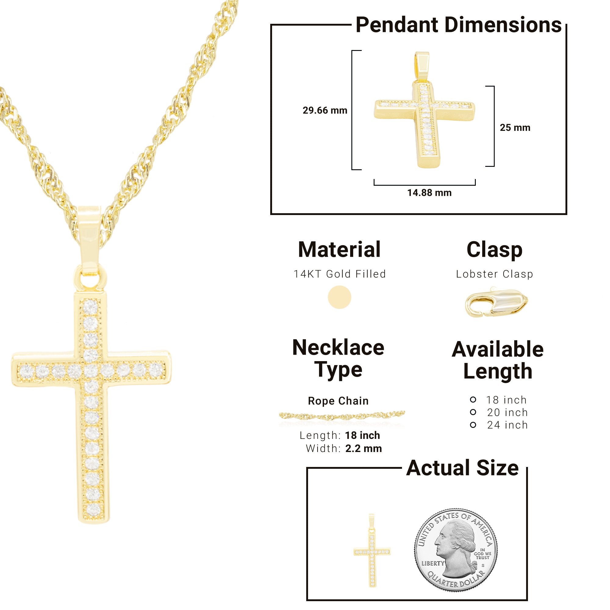 Cross Cubic Zirconia Pendant With Necklace Set 14K Gold Filled