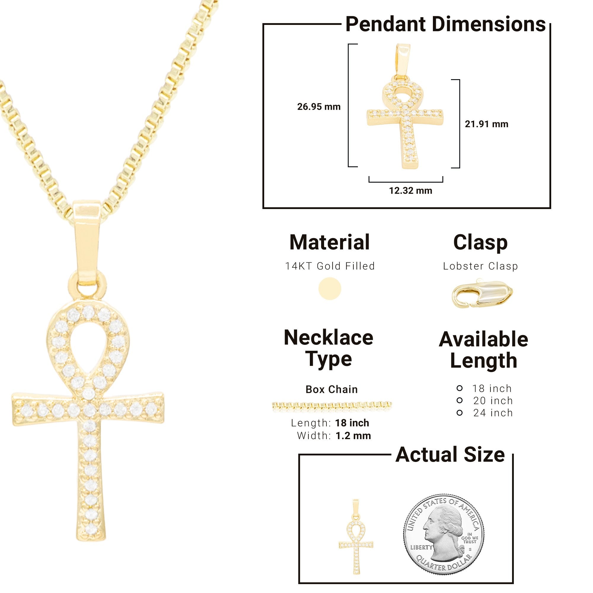 Ankh Cross Cubic Zirconia 14K Gold Filled Copper Pendant With Necklace Set