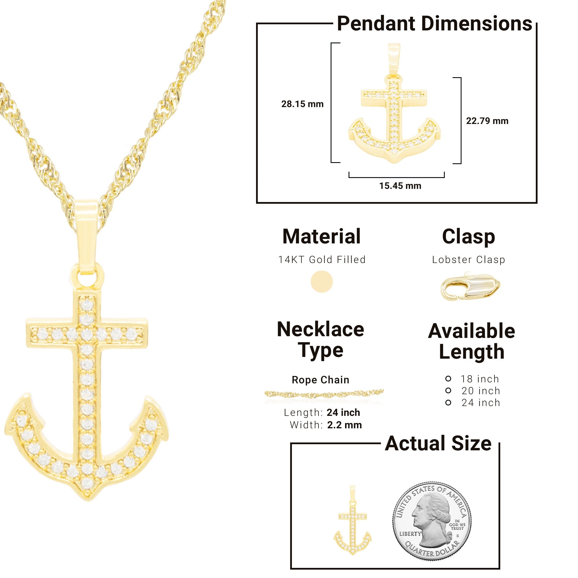 Cubic Zirconia Devil Anchor Cross Pendant 14K Gold Filled Necklace Set