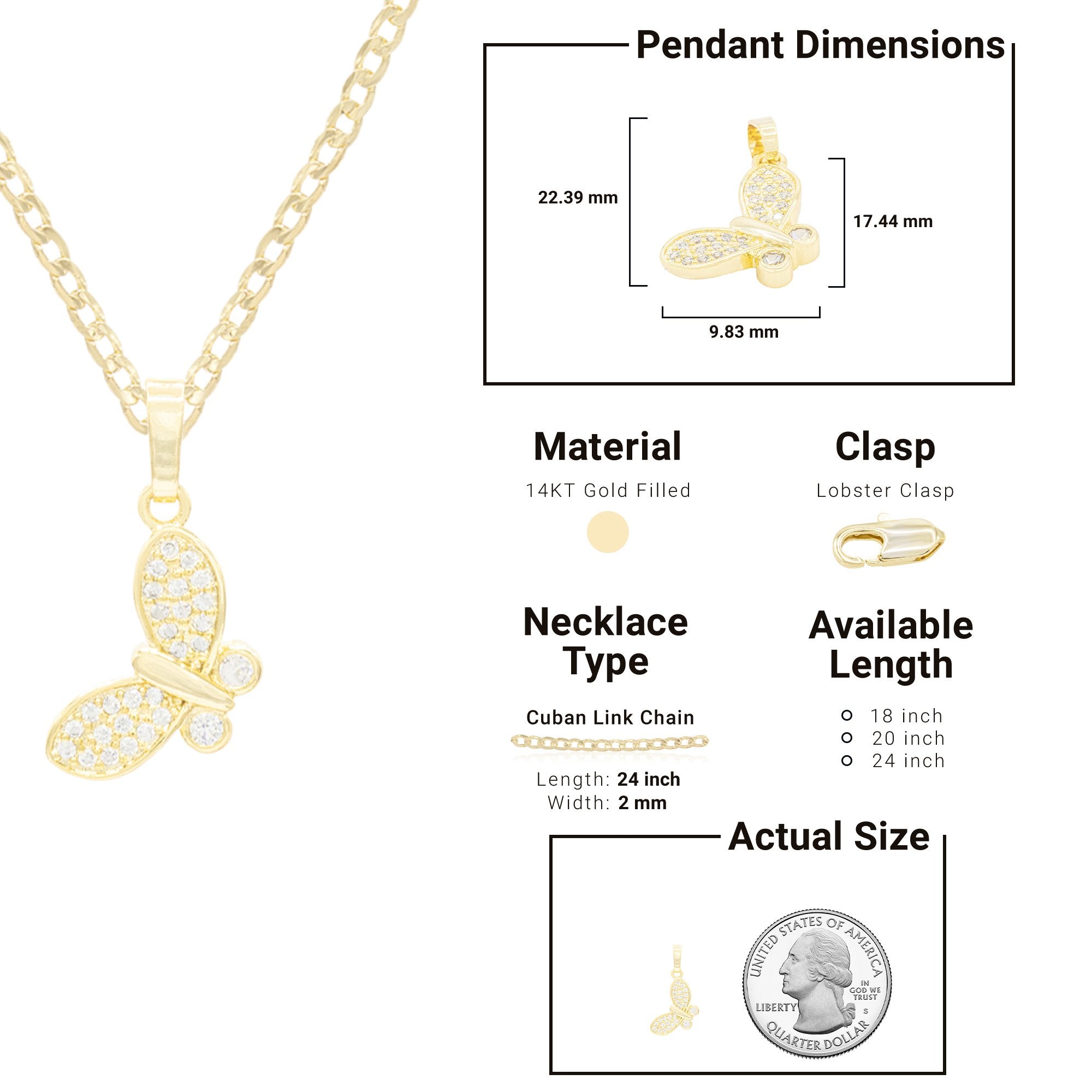 Flying Butterfly Cubic Zirconia Pendant With Necklace Set 14K Gold Filled