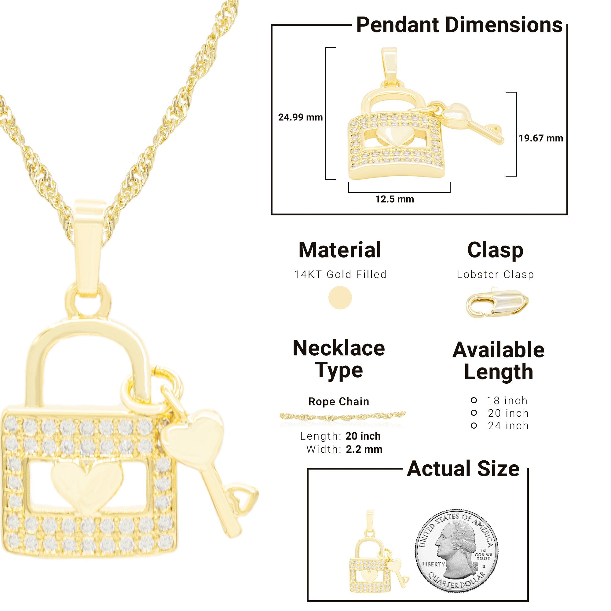 Cubic Zirconia 14K Gold Filled Lock Heart Key Pendant Necklace Set