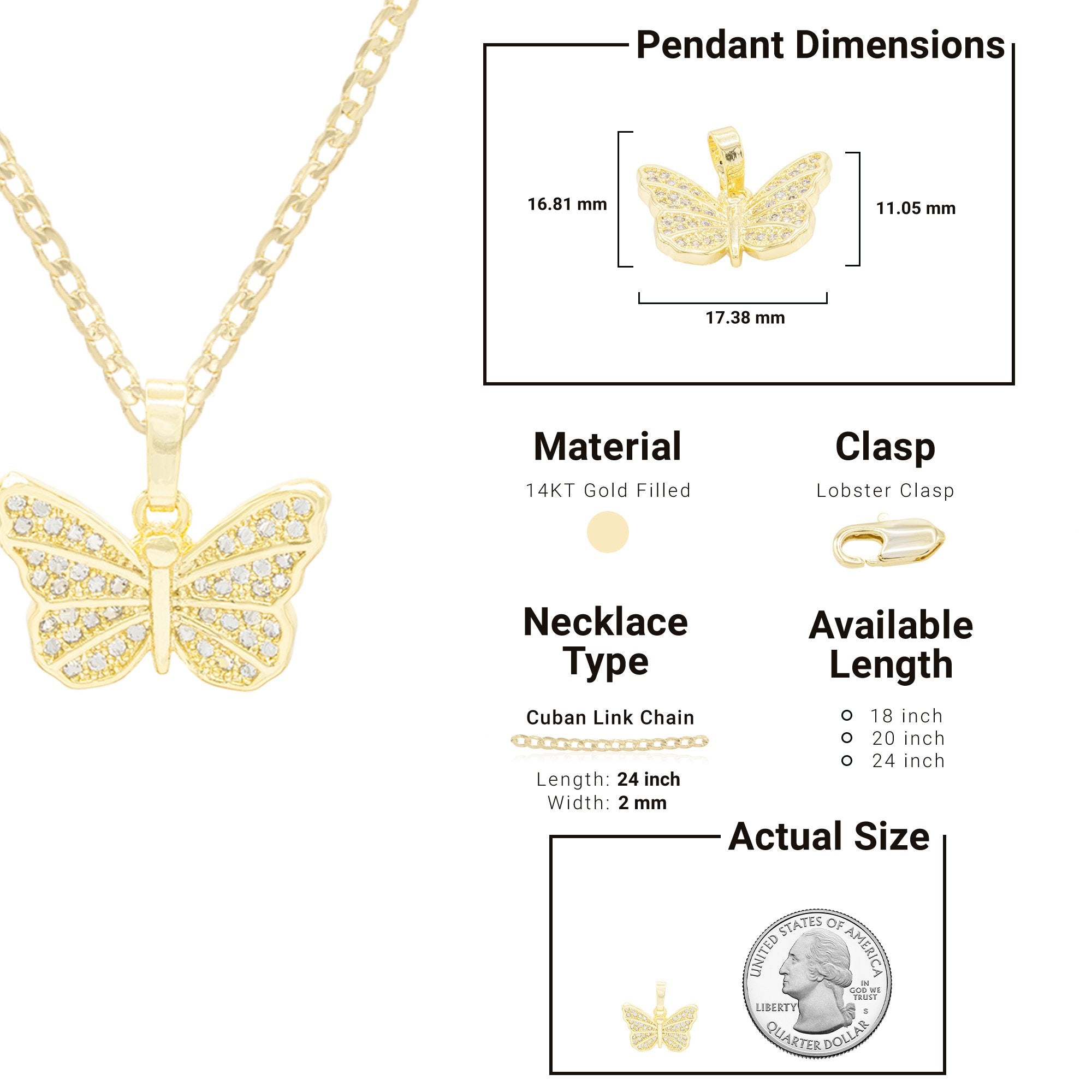 Butterfly Cubic Zirconia Pendant With Necklace Set 14K Gold Filled
