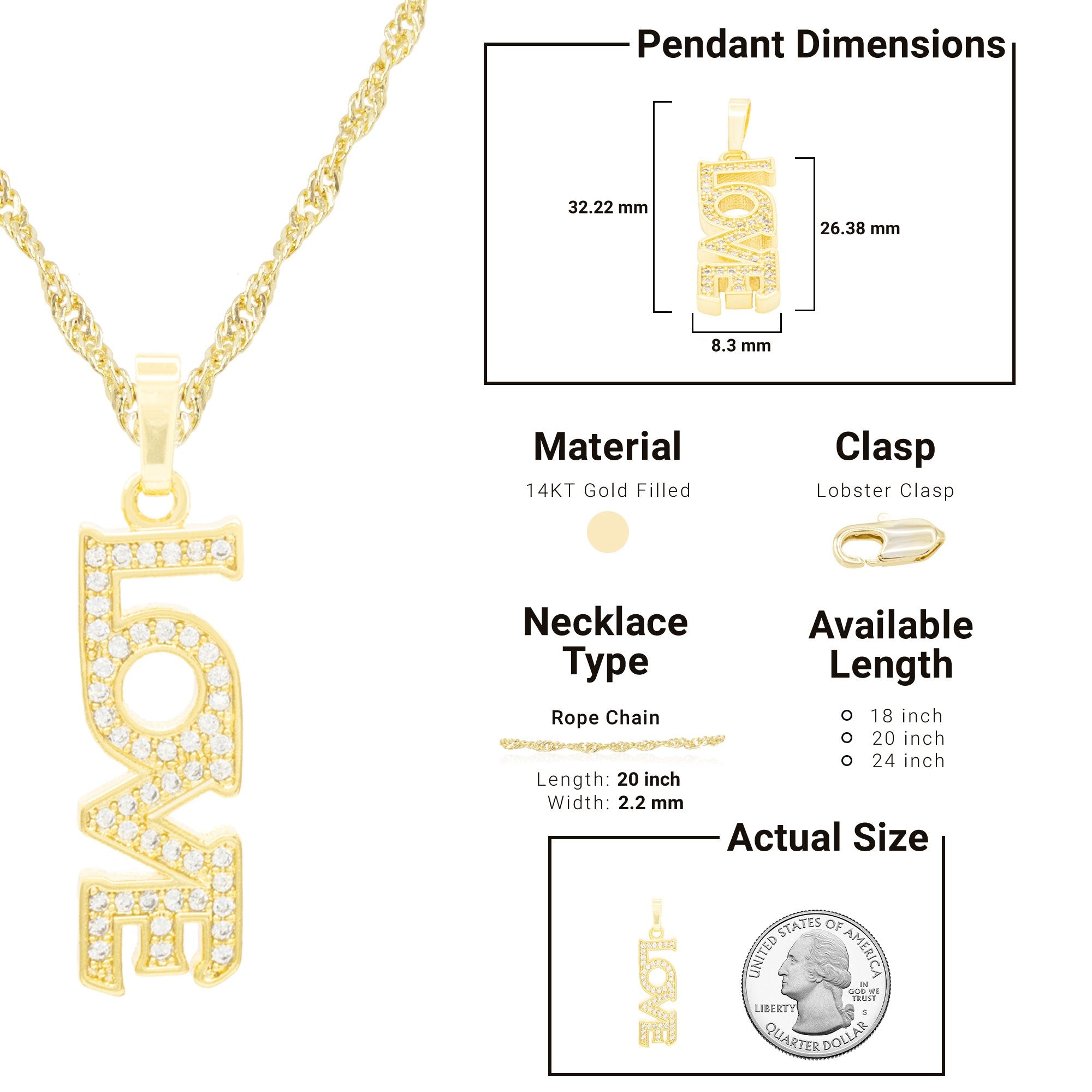 Cubic Zirconia 14K Gold Filled Long Love Pendant Necklace Set