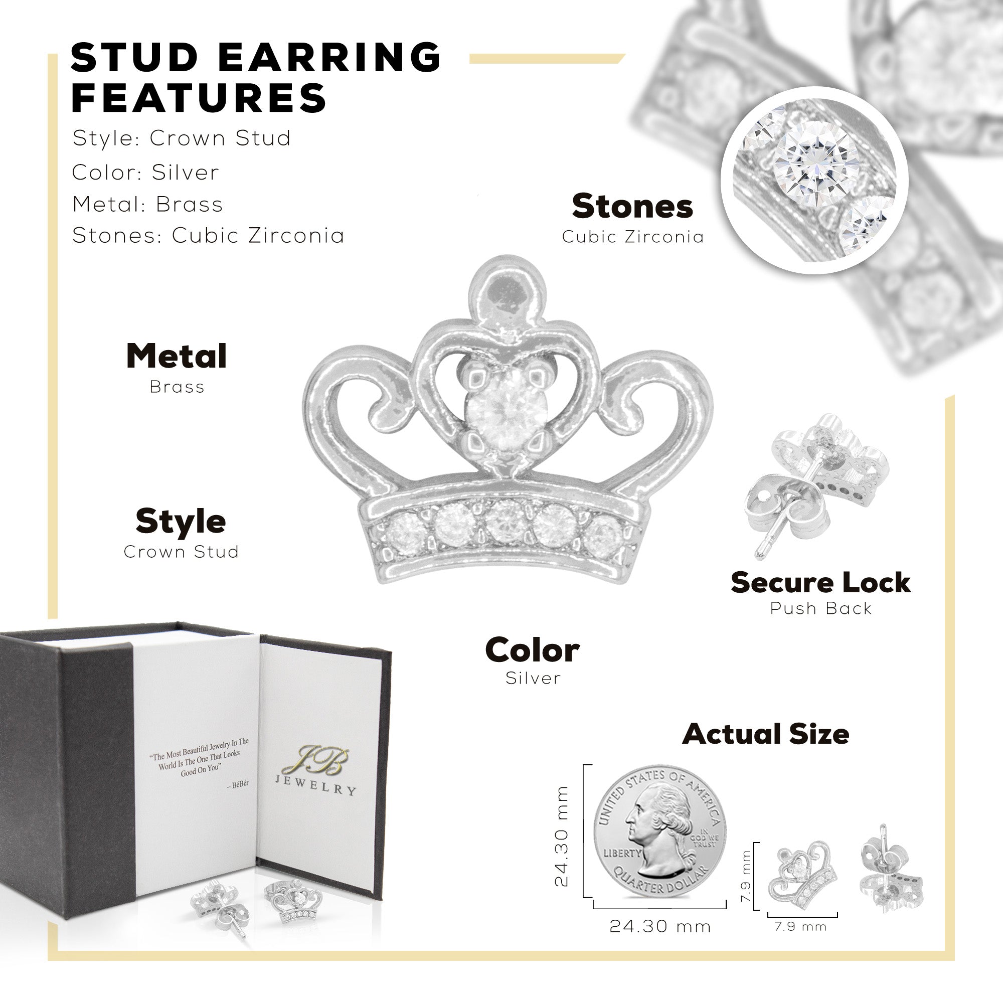 Crown 2  Earrings Cubic Zirconia Hip Hop 14K Gold Filled Silver Studs Jewelry Women