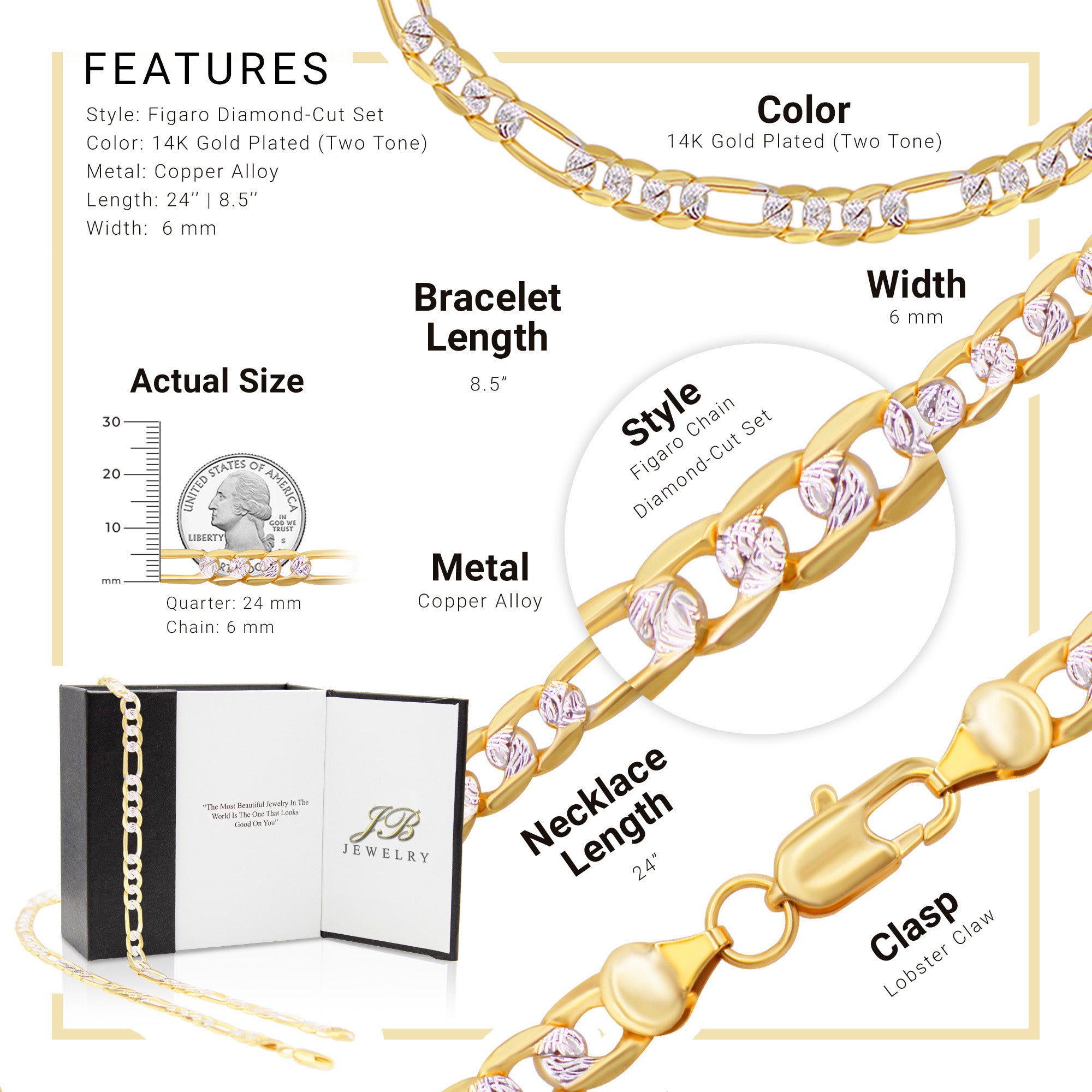 Diamond-Cut 14K Gold Filled Figaro Chain Necklace 24" Bracelet 8.5" Set 6 mm