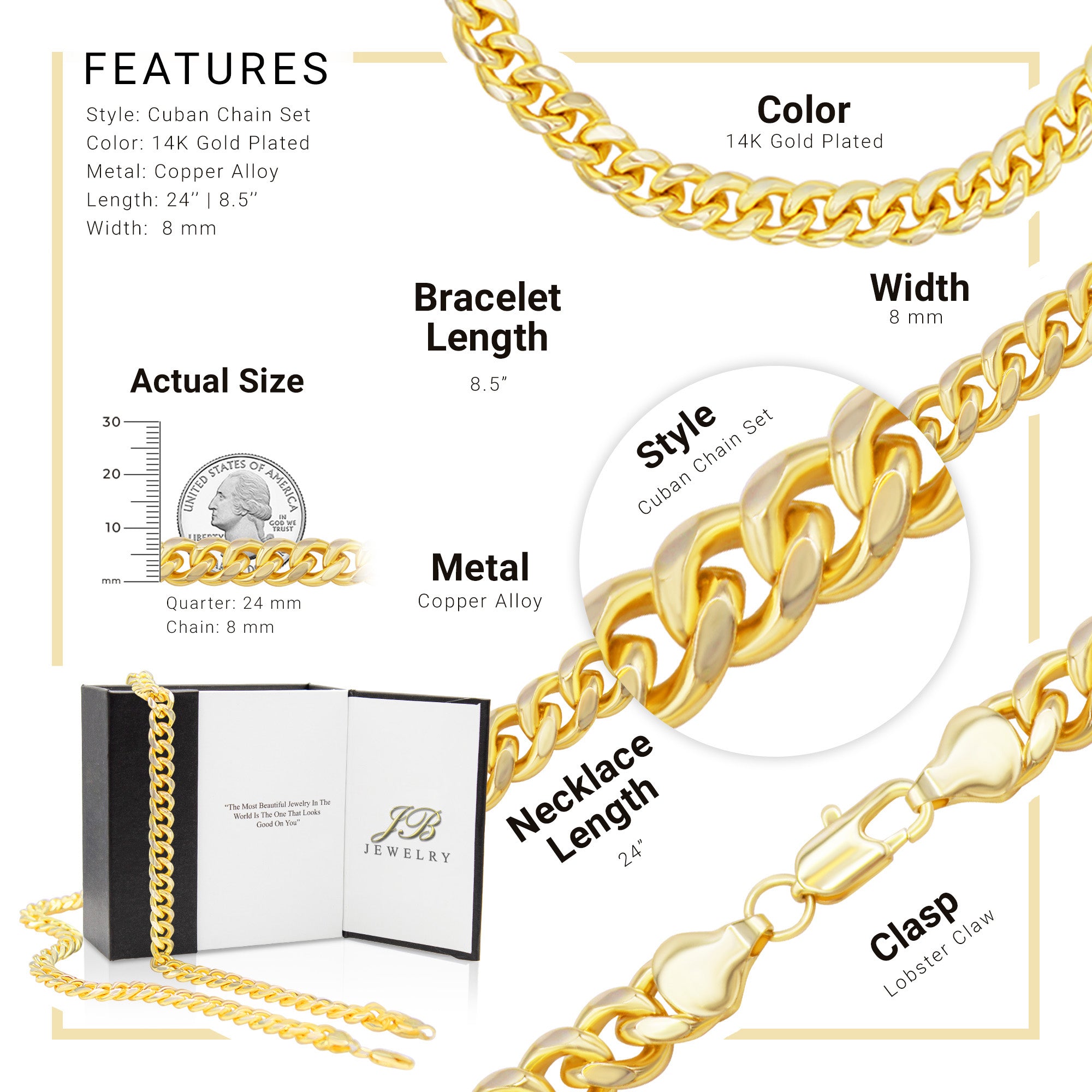 Cuban Link 14K Gold Filled Necklace 24" Bracelet 8.5" Set