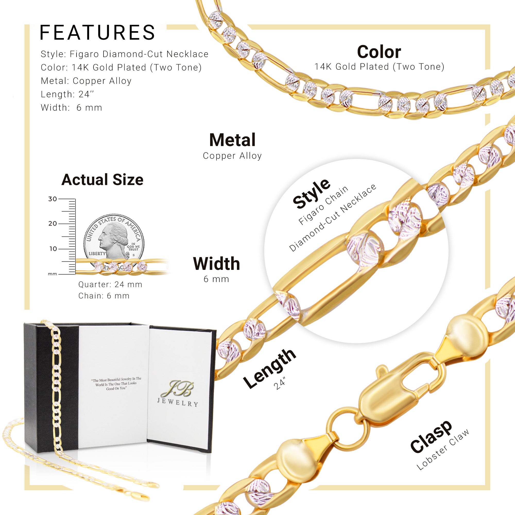 Diamond-Cut 14K Gold Filled Figaro Chain Necklace 24" 6 mm