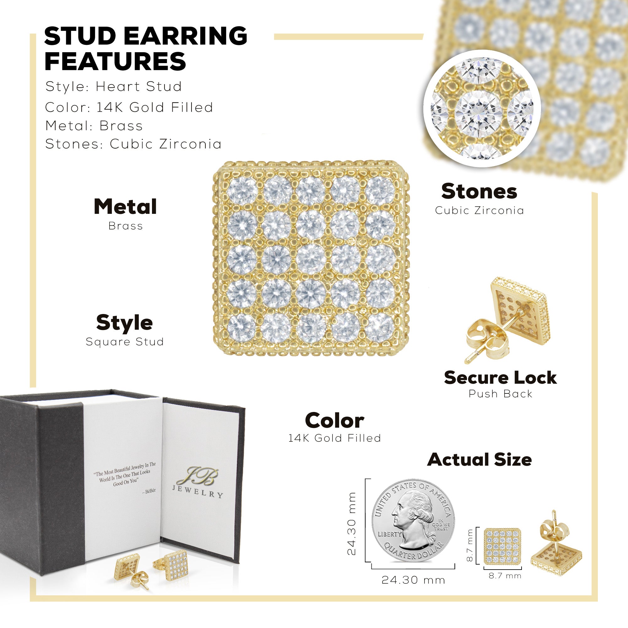 Square 17 Cubic Zirconia Earrings 14K Gold Filled Silver Hip Hop Studs Jewelry Women Men