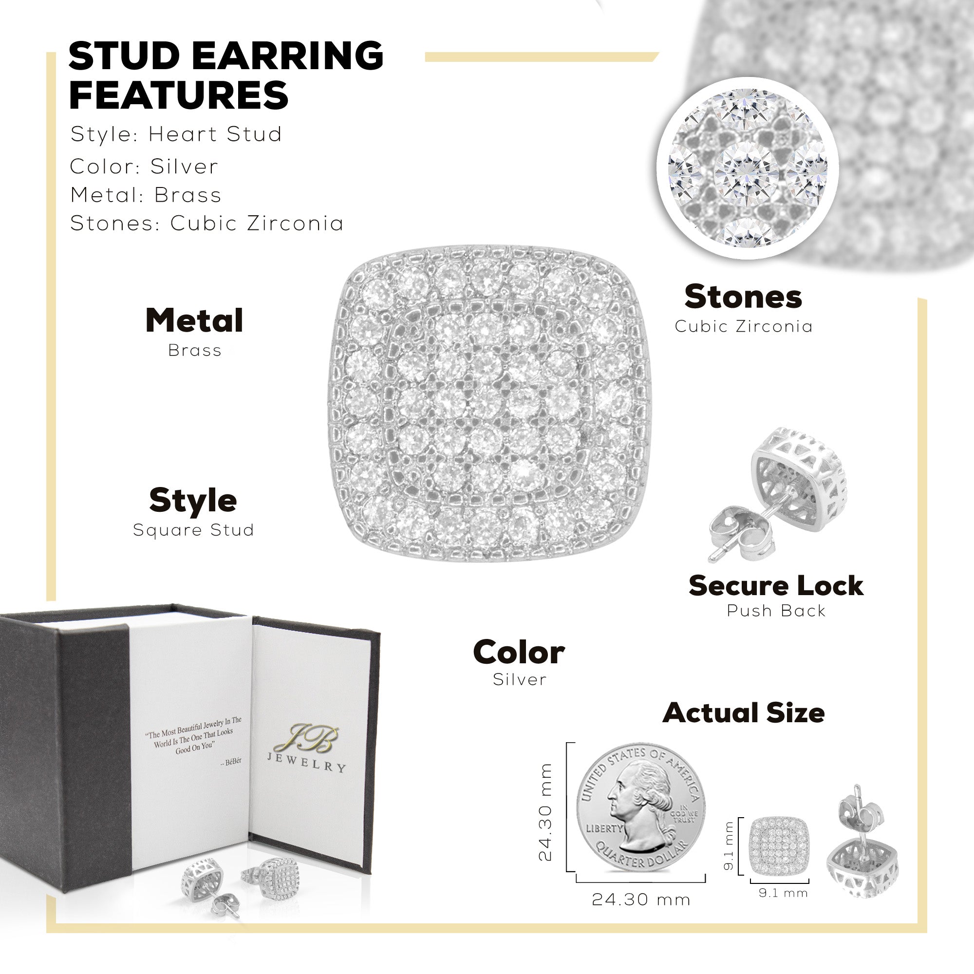 Square 9 Cubic Zirconia Earrings 14K Gold Filled Silver Hip Hop Studs Jewelry Women Men
