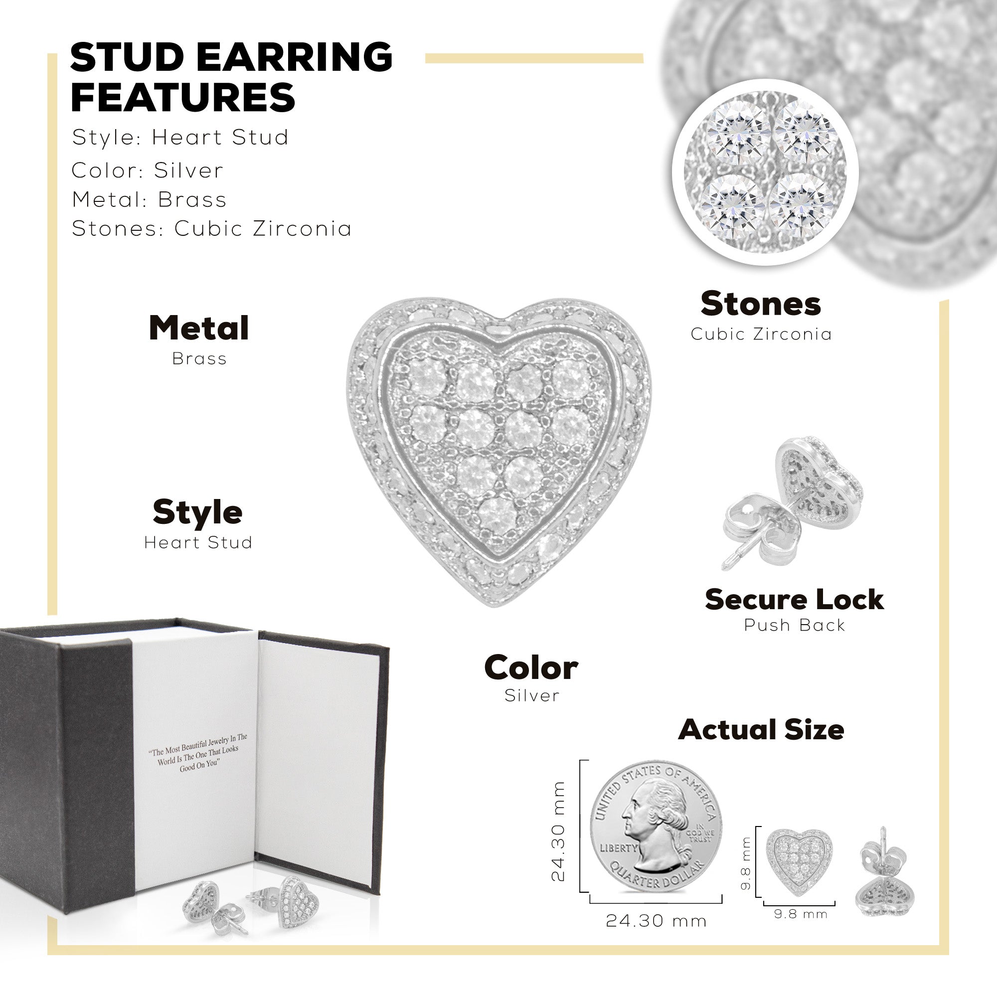 Heart 6 Cubic Zirconia Earrings 14K Gold Filled Silver Hip Hop Studs Jewelry Women