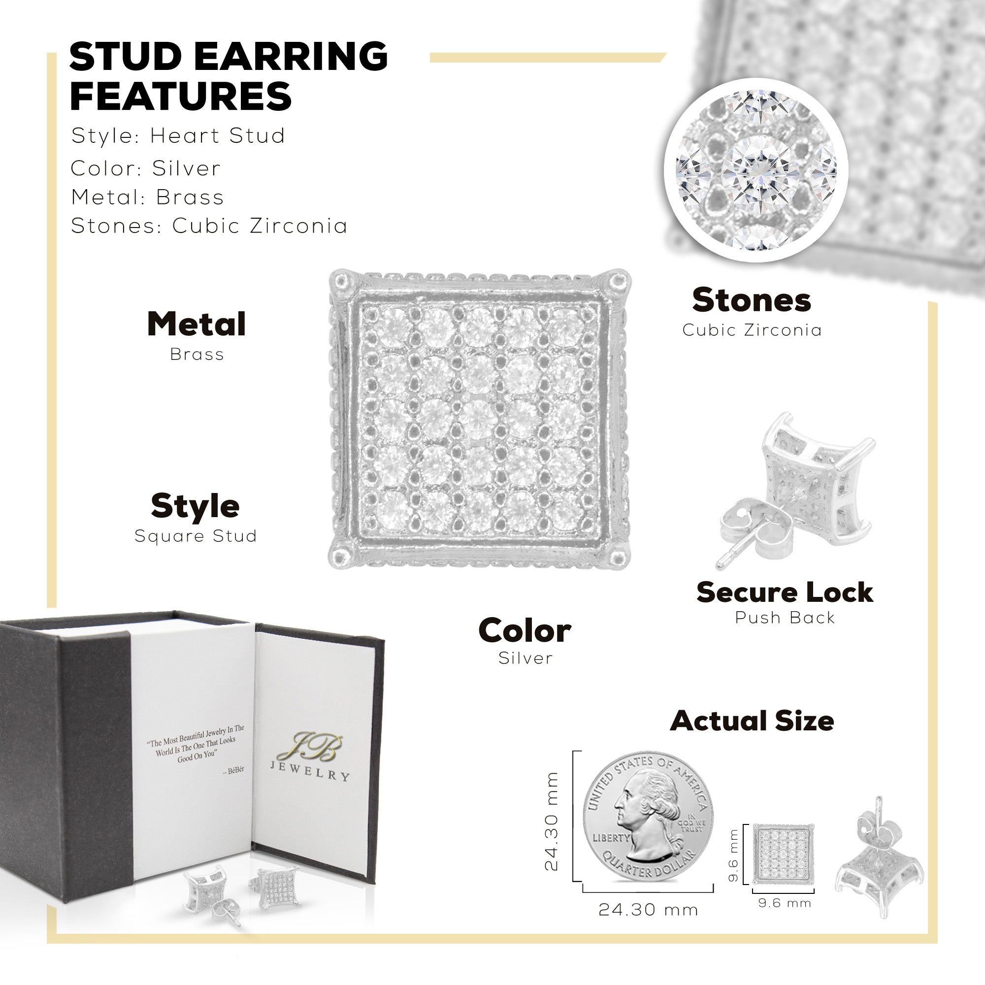 Square 18 Cubic Zirconia Earrings 14K Gold Filled Silver Hip Hop Studs Jewelry Women Men
