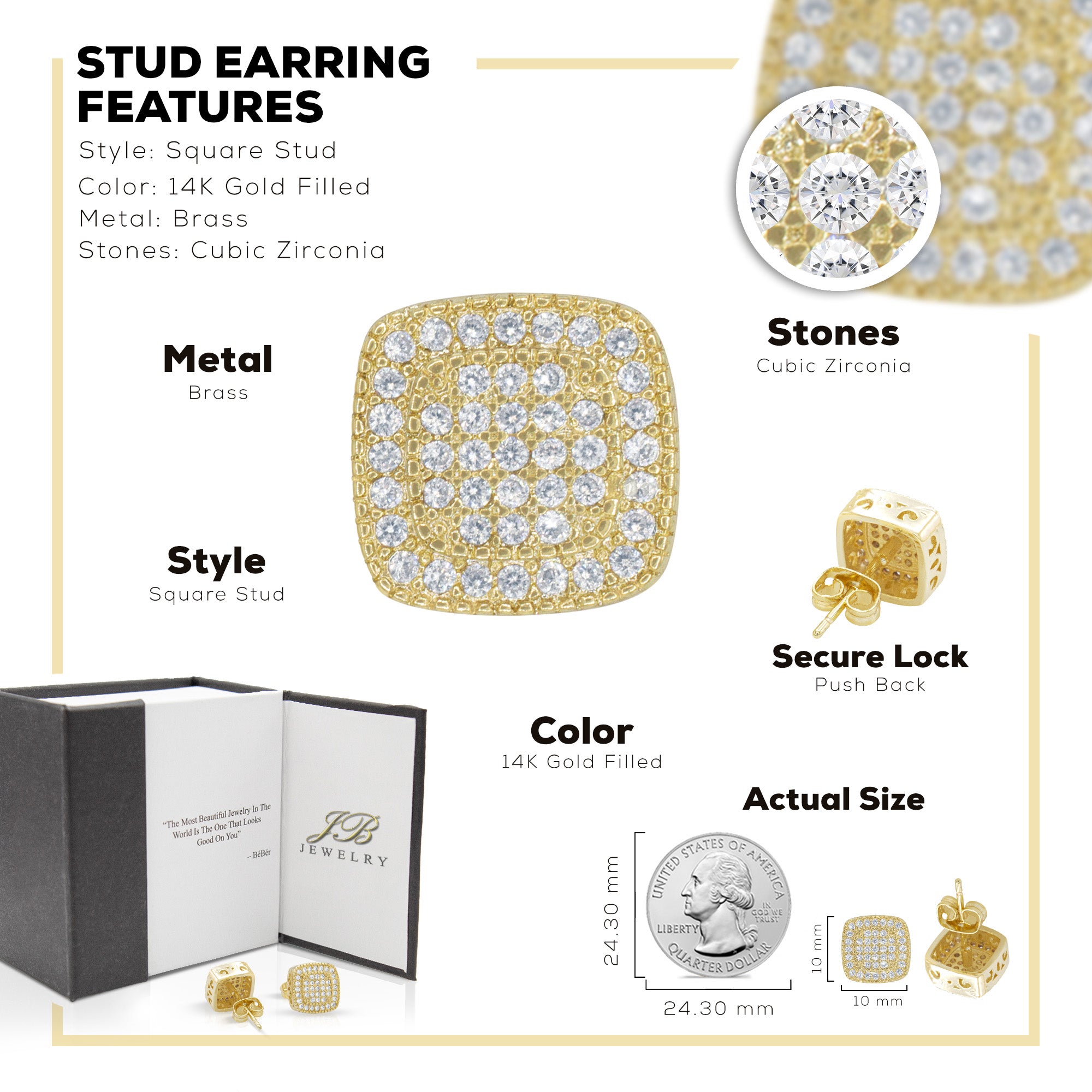 Double Square 6 Cubic Zirconia Earrings 14K Gold Filled Silver Hip Hop Studs Ear Piercing Jewelry Women Men