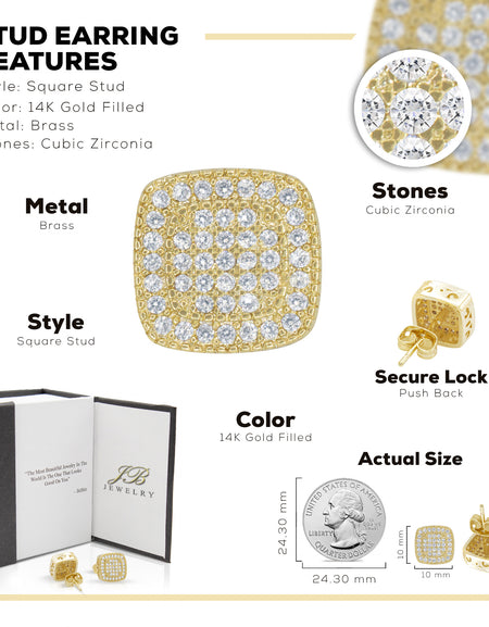 Double Square 6 Cubic Zirconia Earrings 14K Gold Filled Silver Hip Hop Studs Ear Piercing Jewelry Women Men