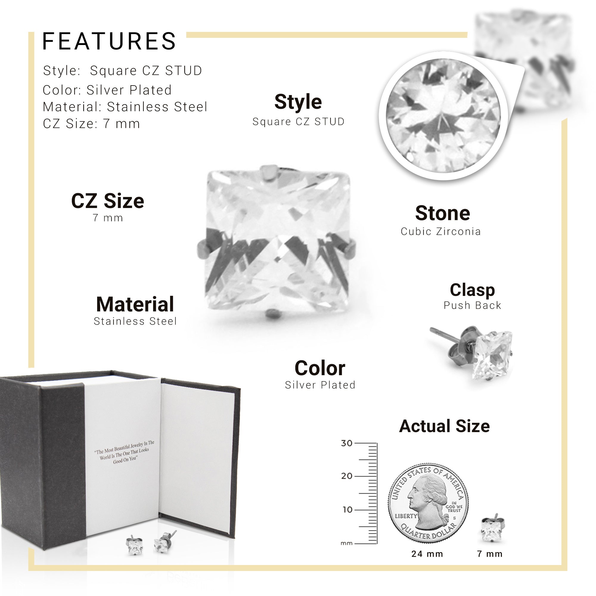 925 Sterling Silver Mens Round CZ Cubic Zirconia Simulated Diamond Stud Square C 925 Sterling Silver Mens Round CZ Cubic Zirconia Simulated Diamond Stud Square C