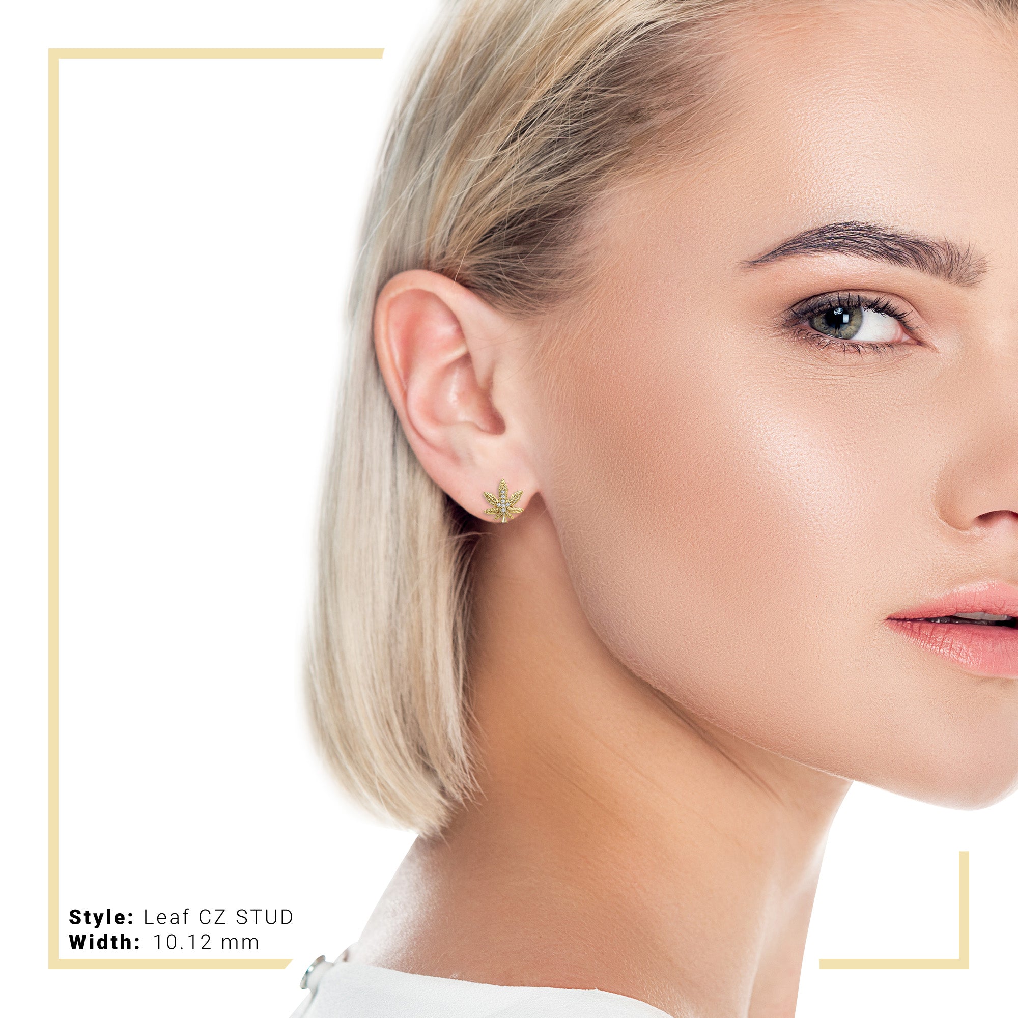 Cannabis Leaf Stud 14K Gold Plated CZ Stud Earrings Cubic Zirconia Jewelry Men and Women