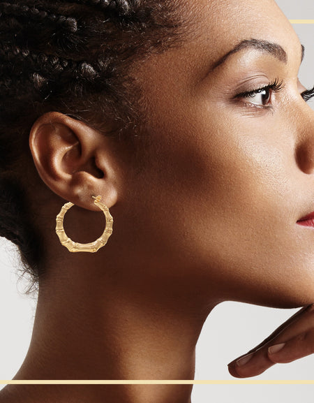 Bamboo Hoop Earrings 14K Gold Plated Women Jewelry 40 mm