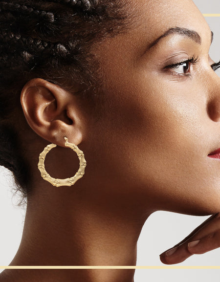 Bamboo Hoop Earrings 14K Gold Plated Women Jewelry 50 mm