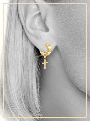 Cross Pendant Huggie Hoops 14K Gold Plated Silver Black Earrings