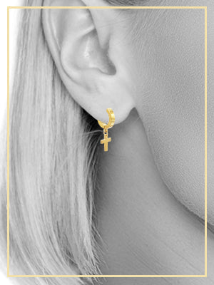 Cross Pendant Huggie Hoops 14K Gold Plated Silver Black Earrings