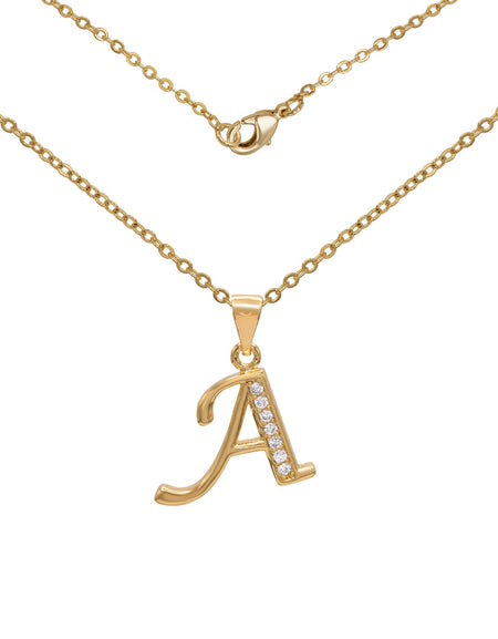 Initial Letter Pendant With Cubic Zirconia 18K Gold Filled Alphabet CZ Charm Rolo Chain Set 18" Necklace Women Girl Teen