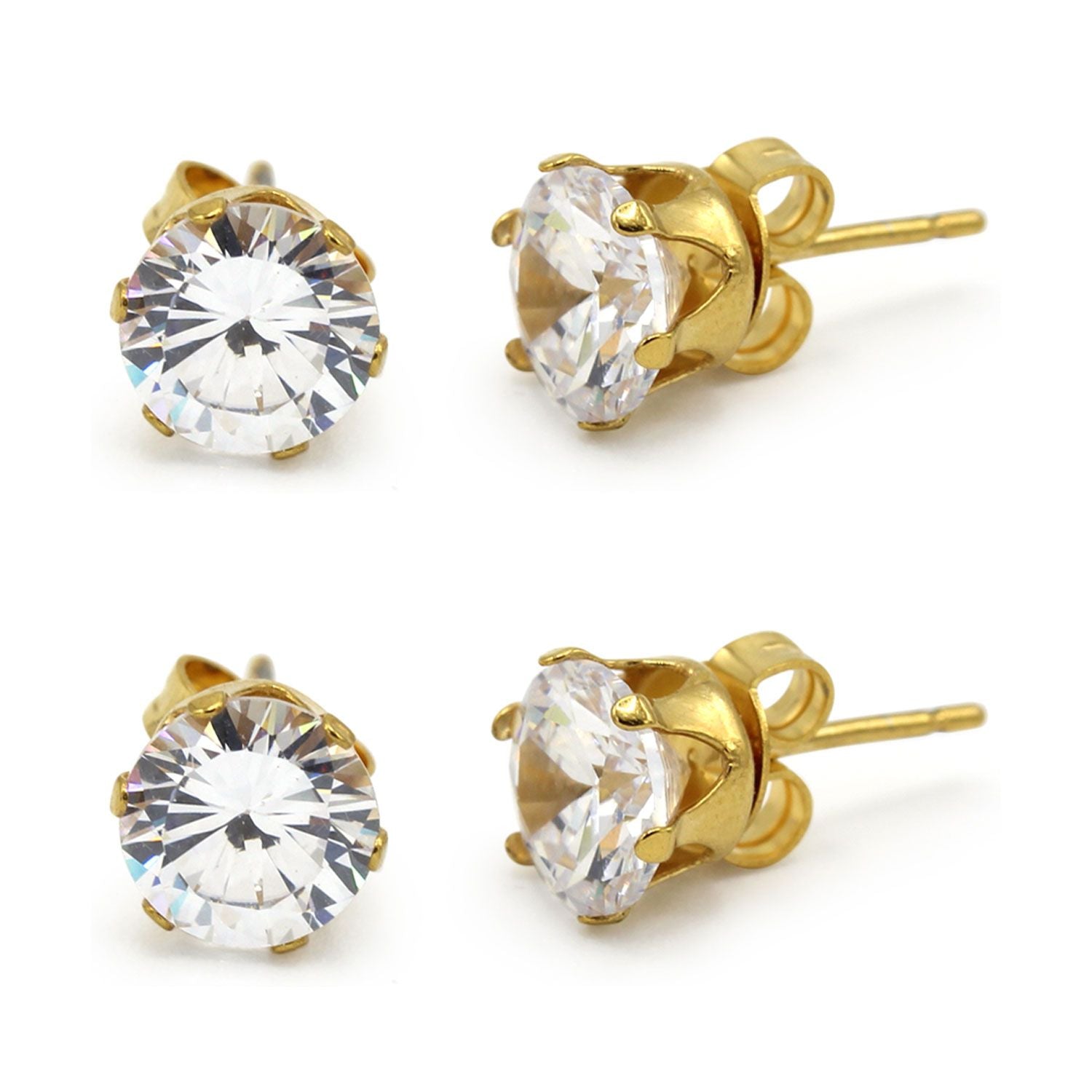 Cubic Zirconia Round 14K Gold Plated Stud Earrings Set Of 2 Stainless Steel Jewelry Men Women