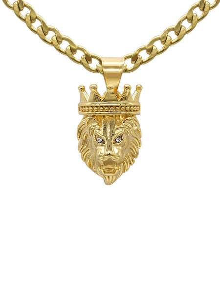 Lion Pendant Set Cubic Zirconia 14K Gold Plated Stainless Steel
