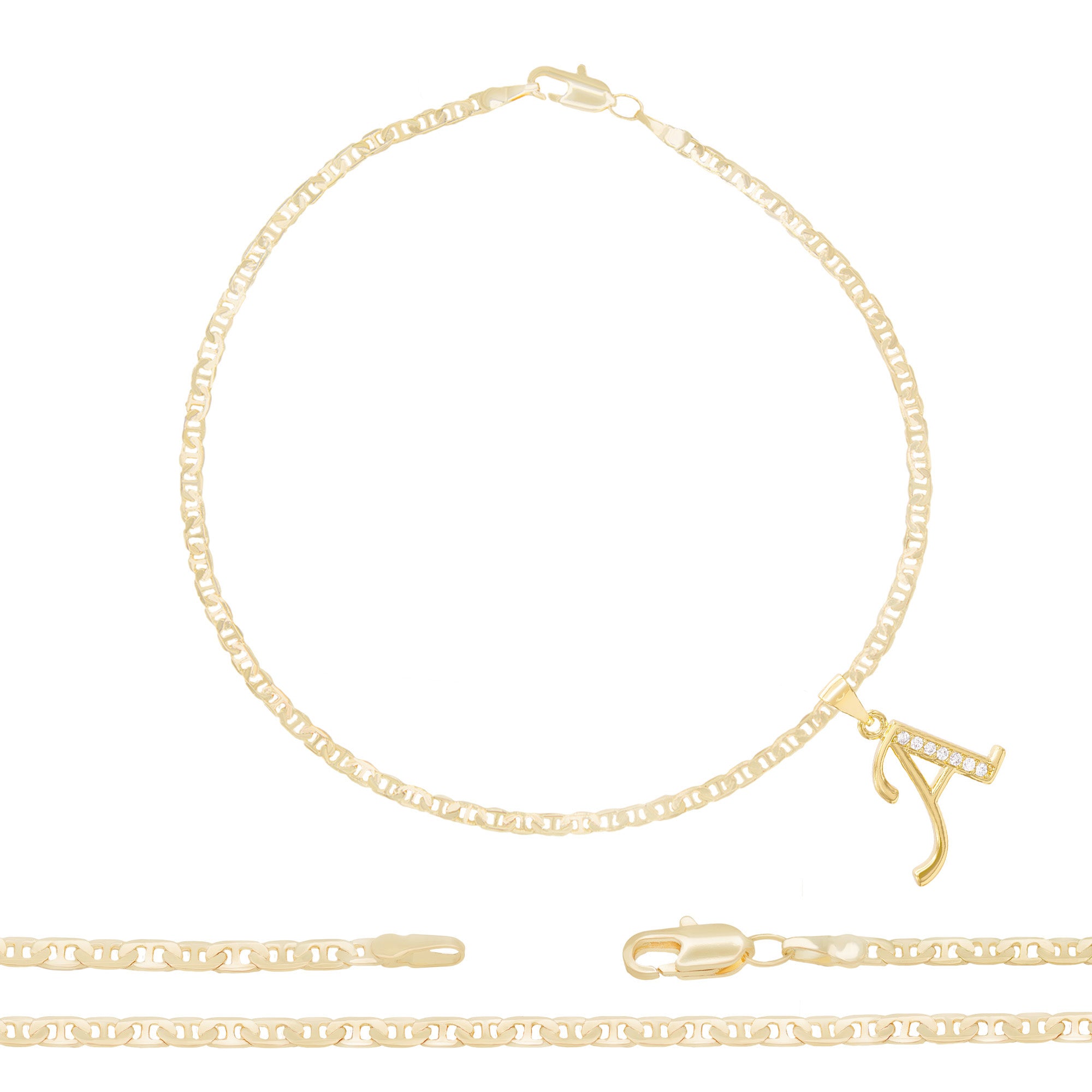 Monogram Bracelet or Anklet With Double Chain (Order Any Initials) - 10K,  14K, 18K Solid Gold or Sterling Silver w/Yellow, Rose, White Gold