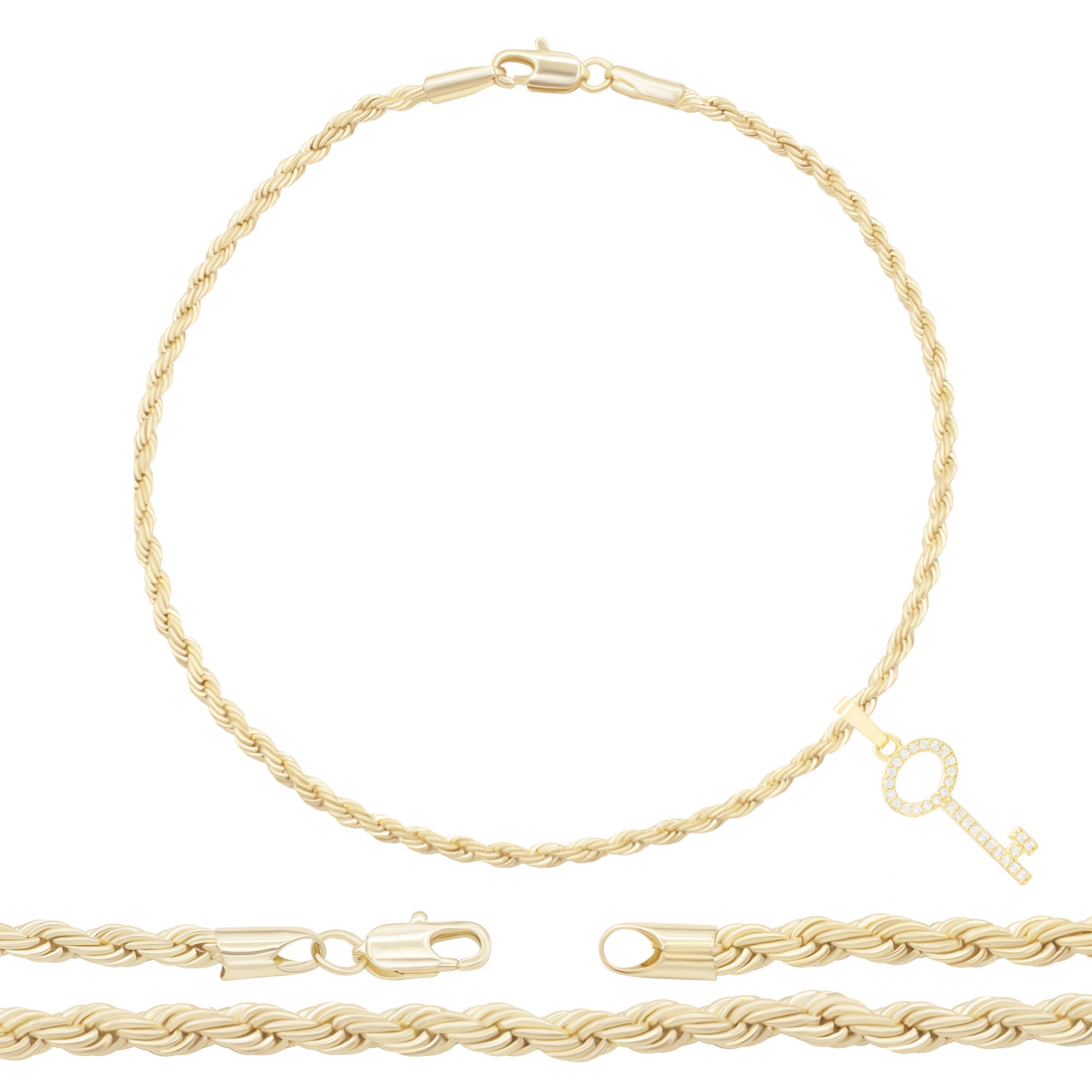 Key Pendant 14K Anklet Gold Filled Cubic Zirconia Charm Rope Chain Set 10" Women Jewelry