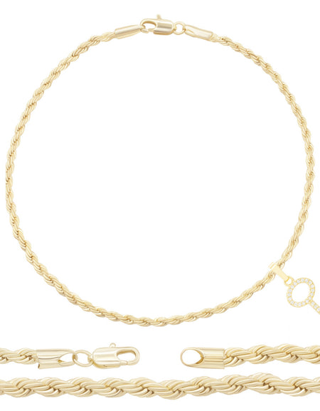 Key Pendant 14K Anklet Gold Filled Cubic Zirconia Charm Rope Chain Set 10" Women Jewelry