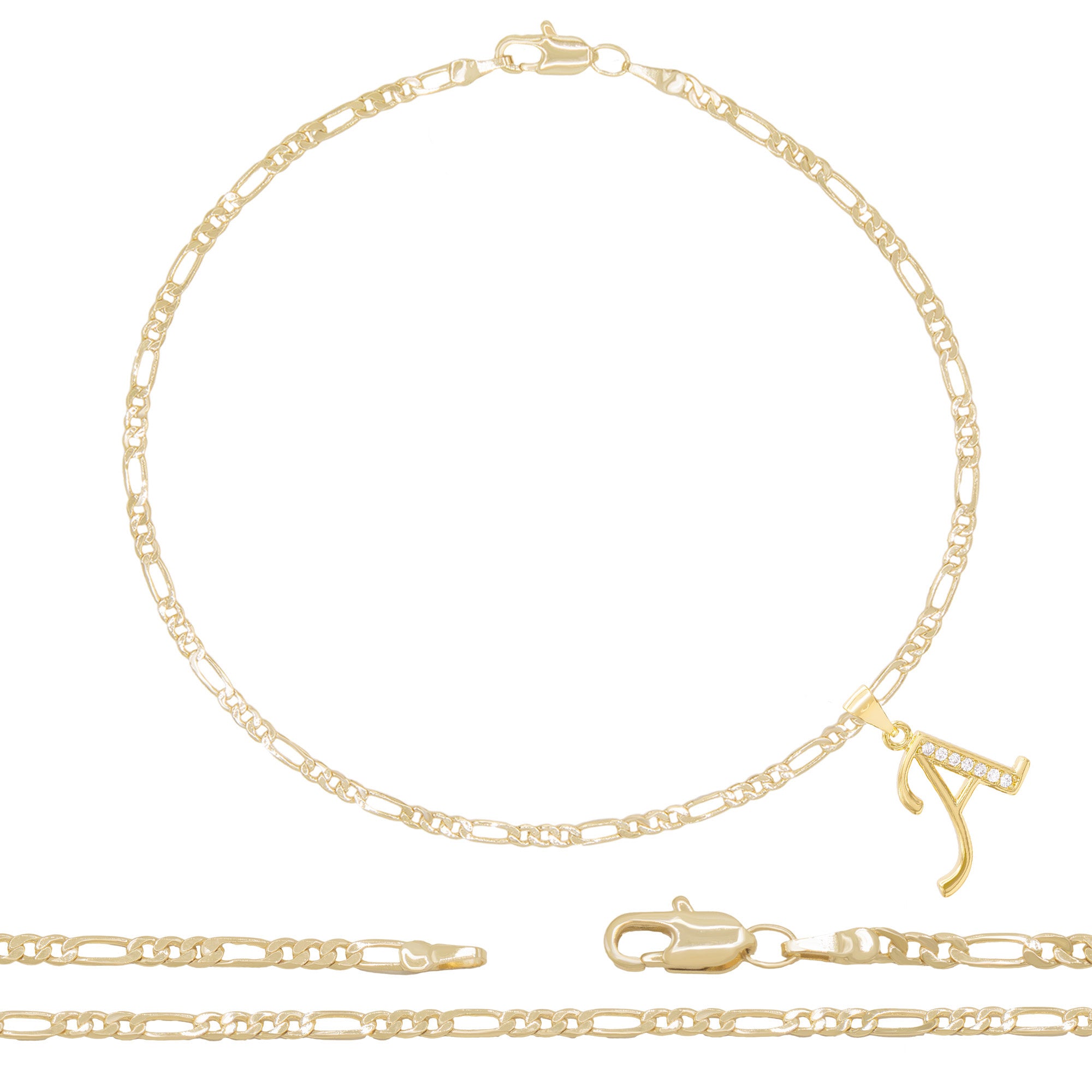 A-Z Initial Letter Pendant 14K Gold Filled Cubic Zirconia Figaro Chain Anklet 10" Set 2.4 mm  Women Jewelry