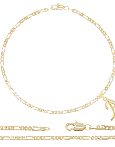 A-Z Initial Letter Pendant 14K Gold Filled Cubic Zirconia Figaro Chain Anklet 10" Set 2.4 mm  Women Jewelry