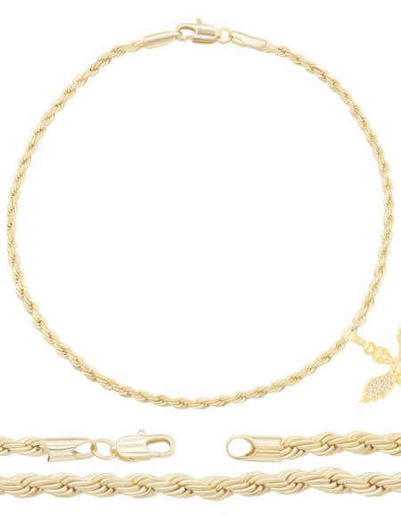 CZ Angel Pendant 14K Anklet Bracelet Gold Filled Cubic Zirconia Charm Rope Foot Chain Set 10" Women Girl Teen