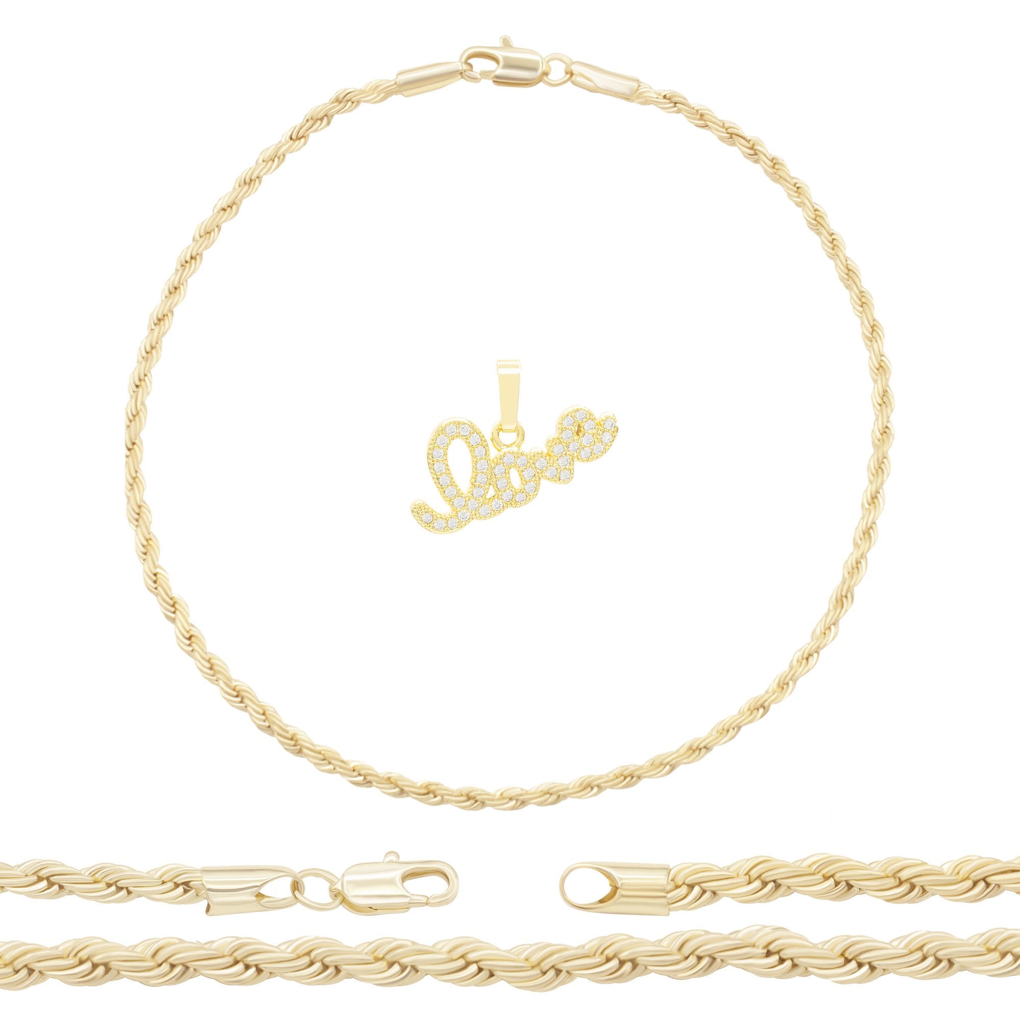 Love 2 Pendant 14K Anklet Gold Filled Cubic Zirconia Charm Rope Chain Set 10" Women Jewelry