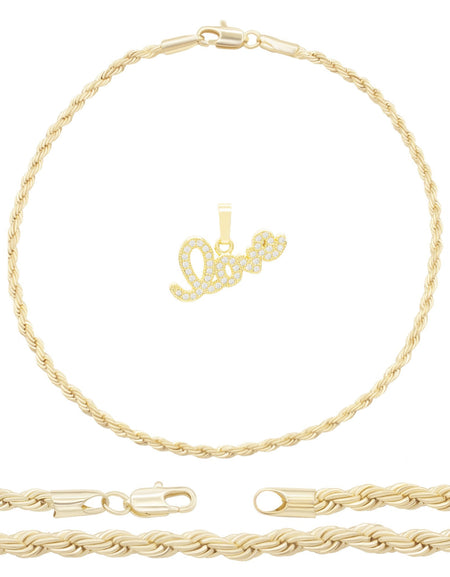 Love 2 Pendant 14K Anklet Gold Filled Cubic Zirconia Charm Rope Chain Set 10" Women Jewelry