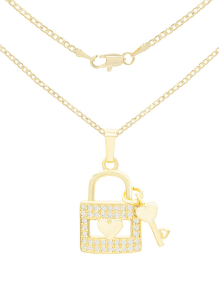 Cubic Zirconia 14K Gold Filled Lock Heart Key Pendant Necklace Set