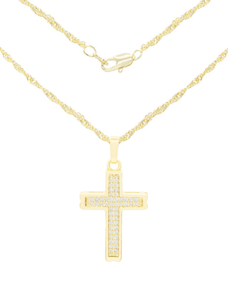 CZ Stone Bordered Cross Cubic Zirconia Pendant With Necklace Set 14K Gold Filled