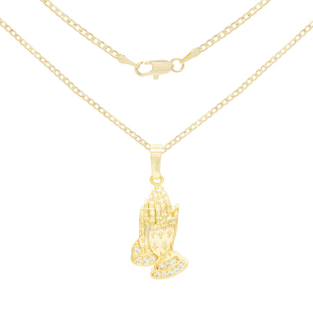 Cubic Zirconia Praying Hands Pendant 14K Gold Filled Necklace Set