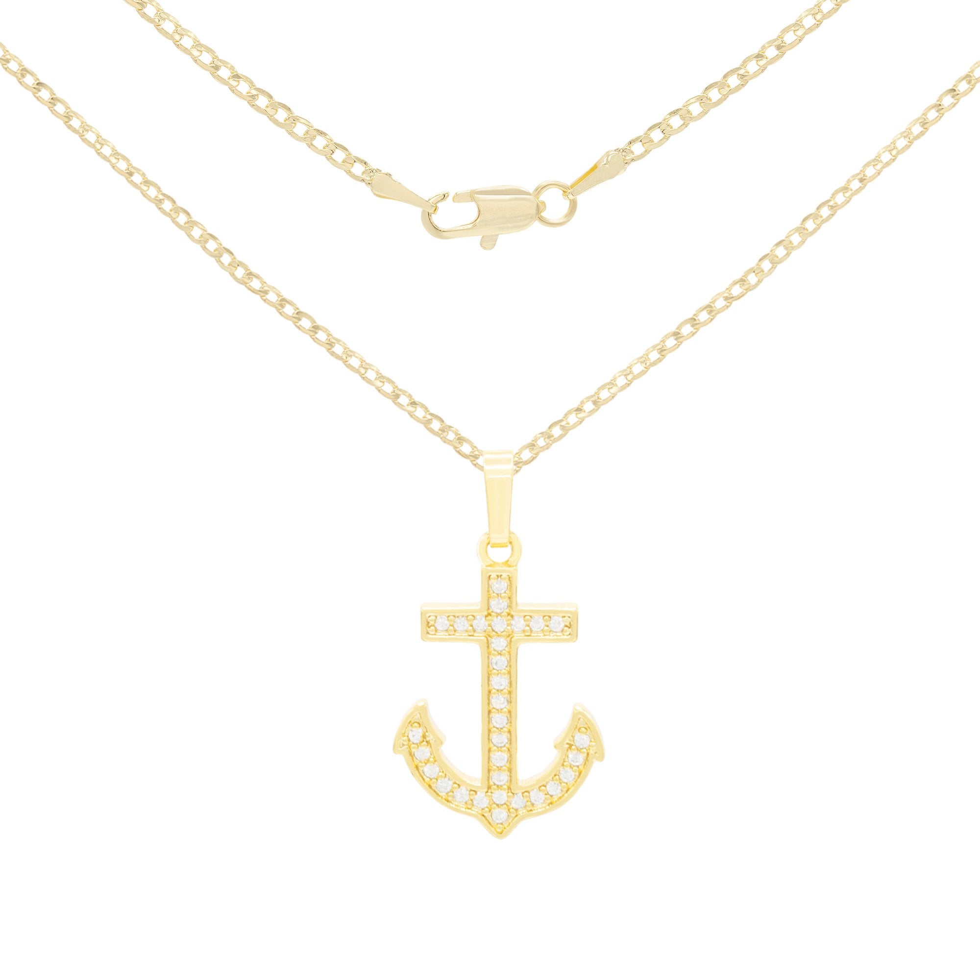 Cubic Zirconia Devil Anchor Cross Pendant 14K Gold Filled Necklace Set